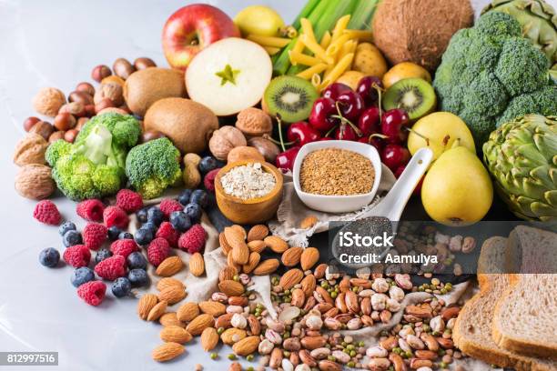 Selection Of Healthy Rich Fiber Sources Vegan Food For Cooking Stock Photo - Download Image Now