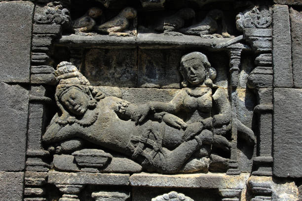 Details of sculptures and reliefs on the walls of the Borobudur temple in Java,  Indonesia