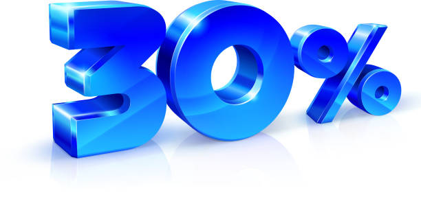 istock Glossy blue 30 Thirty % percent off, sale. Isolated on white background, 3D object 813009338