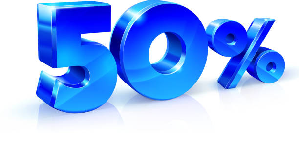 ilustrações, clipart, desenhos animados e ícones de brilhante azul 50 50% % de desconto, venda. isolado no fundo branco, objeto 3d - store suit commercial sign marketing