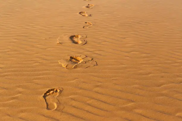 Photo of Human's footprints on the wavy sand in desert
