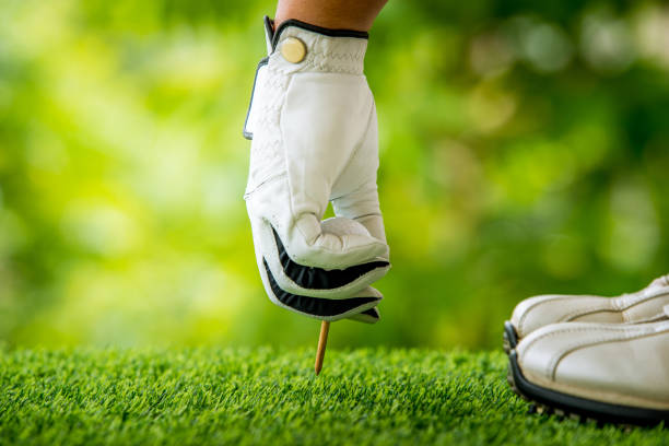 istock golfer preparing golf ball for teeing off 813012168