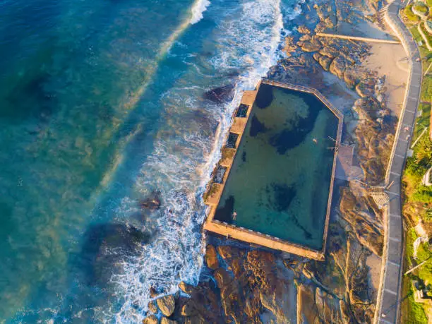 Aerial view of Cronulla beach rock pool in the morning