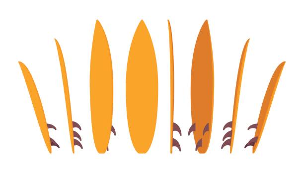 Surfboard bright set, standing in different positions Surfboard set, surfing summer water sport, board for wave riders and athletes, standing in different positions, bright color. Vector flat style cartoon illustration, isolated, white background surfboard stock illustrations
