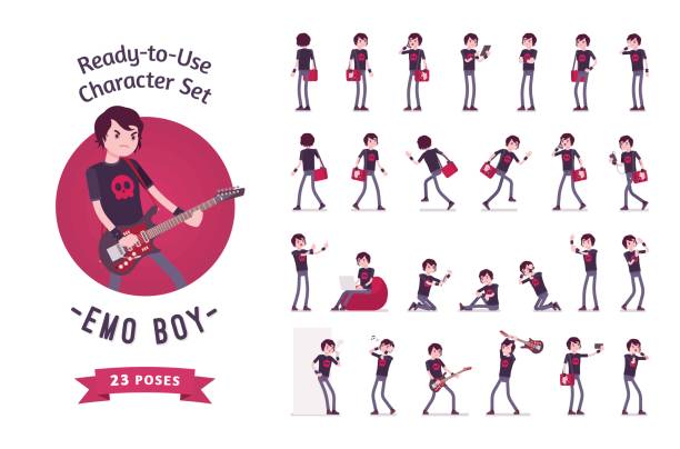 Ready-to-use emo boy character set, various poses and emotions Ready-to-use character set. Emo boy, true subculture look, black t-shirt. Various poses and emotions, running, standing, walking, working. Full length, front, rear view isolated, white background emo boy stock illustrations