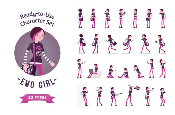 Ready-to-use emo girl character set, various poses and emotions Ready-to-use character set. Emo girl, true subculture look, black t-shirt. Various poses and emotions, running, standing, walking, working. Full length, front, rear view isolated, white background women beauty hair dye stock illustrations