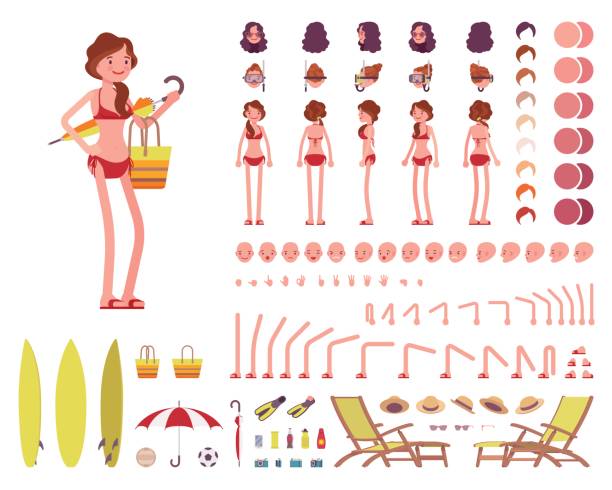 kobiecy strój kąpielowy. zestaw tworzenia znaków - set of objects stock illustrations