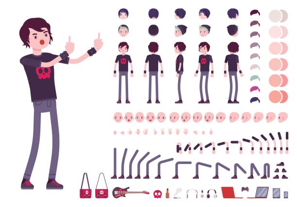 Emo boy character creation set Emo boy character creation set, true black subculture look. Full length, different views, emotions, gestures, white background. Build your own design. Cartoon flat-style infographic illustration emo boy stock illustrations