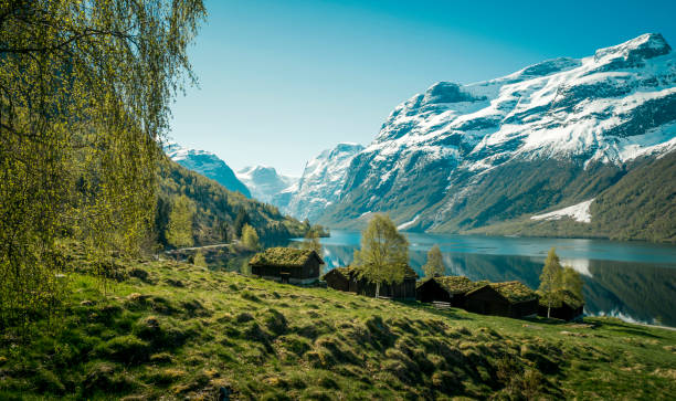 Beautiful norwegian landscape with old farm, lake and mountains Beautiful norwegian landscape with old farm, lake and mountains djurgarden photos stock pictures, royalty-free photos & images
