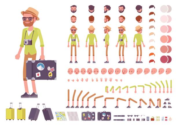 ilustrações de stock, clip art, desenhos animados e ícones de tourist male character creation set - tourist