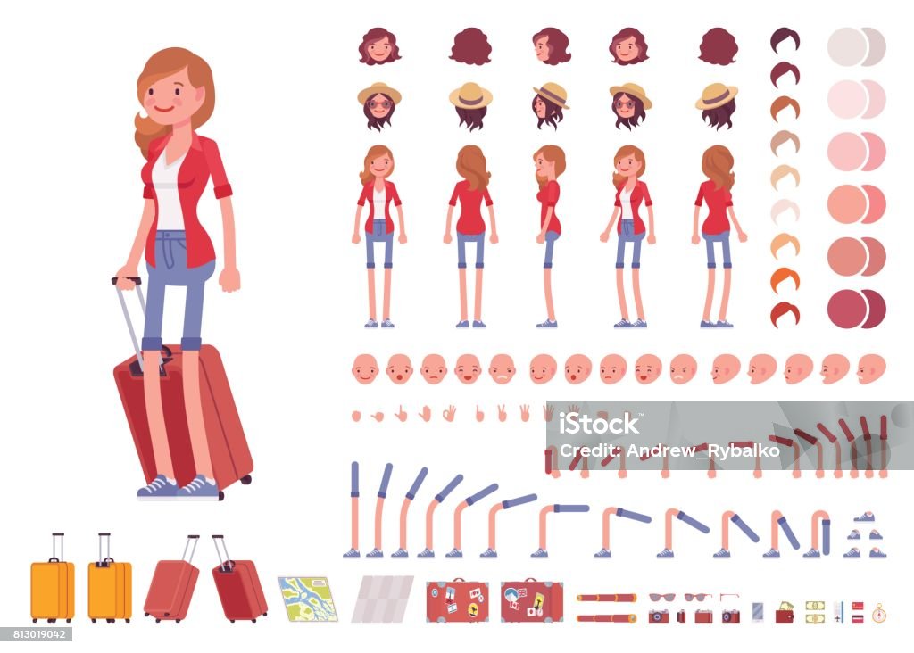 Tourist female character creation set Tourist female, vacation traveller character creation set. Full length, views, emotions, gestures, tan skin tones, white background. Build your own design. Cartoon flat-style infographic illustration Characters stock vector