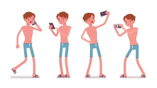 Vector illustration of Man in blue swim trunk shorts with gadgets