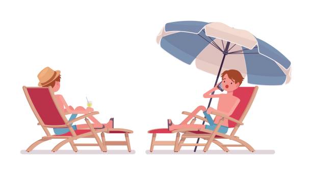 illustrazioni stock, clip art, cartoni animati e icone di tendenza di uomo in pantaloncini da bagno blu rilassanti e prendere il sole - chair beach chaise longue isolated