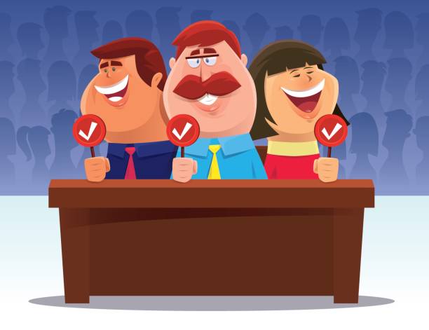 ilustraciones, imágenes clip art, dibujos animados e iconos de stock de votación de jueces - cheering business three people teamwork