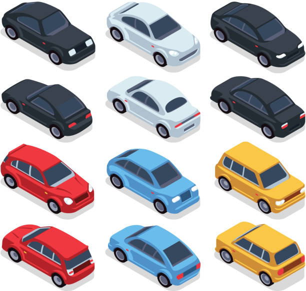 Isometric 3d cars. Transportation technology vector vehicles set Isometric 3d cars. Transportation technology vector vehicles set. Isometric vehicle transport, illustration of colored cars car clipart stock illustrations