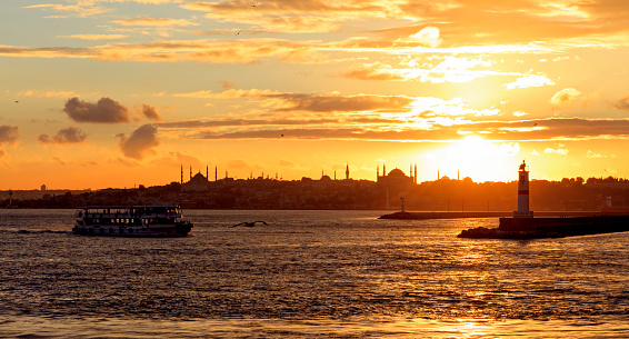 Passenger Ferry in the Bosphorus at sunset, Istanbul, Turkey
