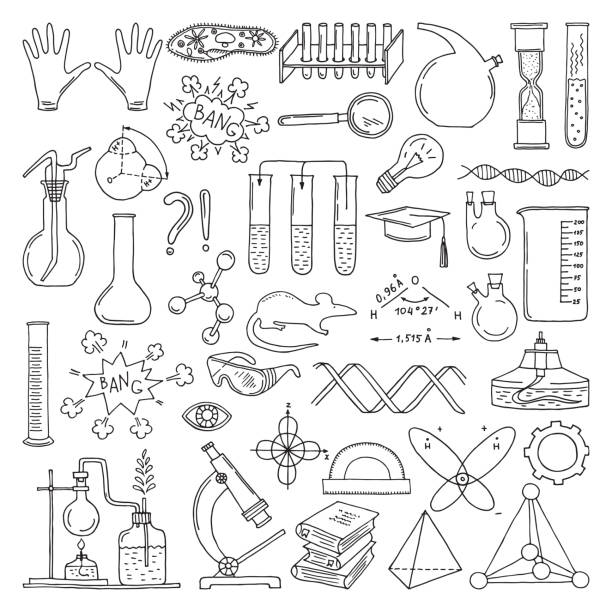 과학 기호의 검은 실루엣. 화학 및 생물학 예술입니다. 교육은 벡터 요소 집합 - 현미경 일러스트 stock illustrations