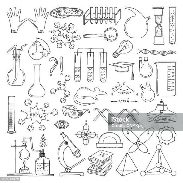 Black Silhouette Of Scientific Symbols Chemistry And Biology Art Education Vector Elements Set Stock Illustration - Download Image Now