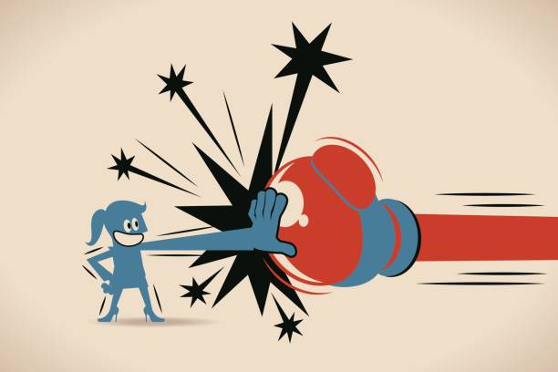 Businesswoman (woman, girl) Block Jabs & Straight Punches (Big Boxing Glove) Blue Characters Full Length Vector art illustration.Copy Space. violence boxing fighting combative sport stock illustrations