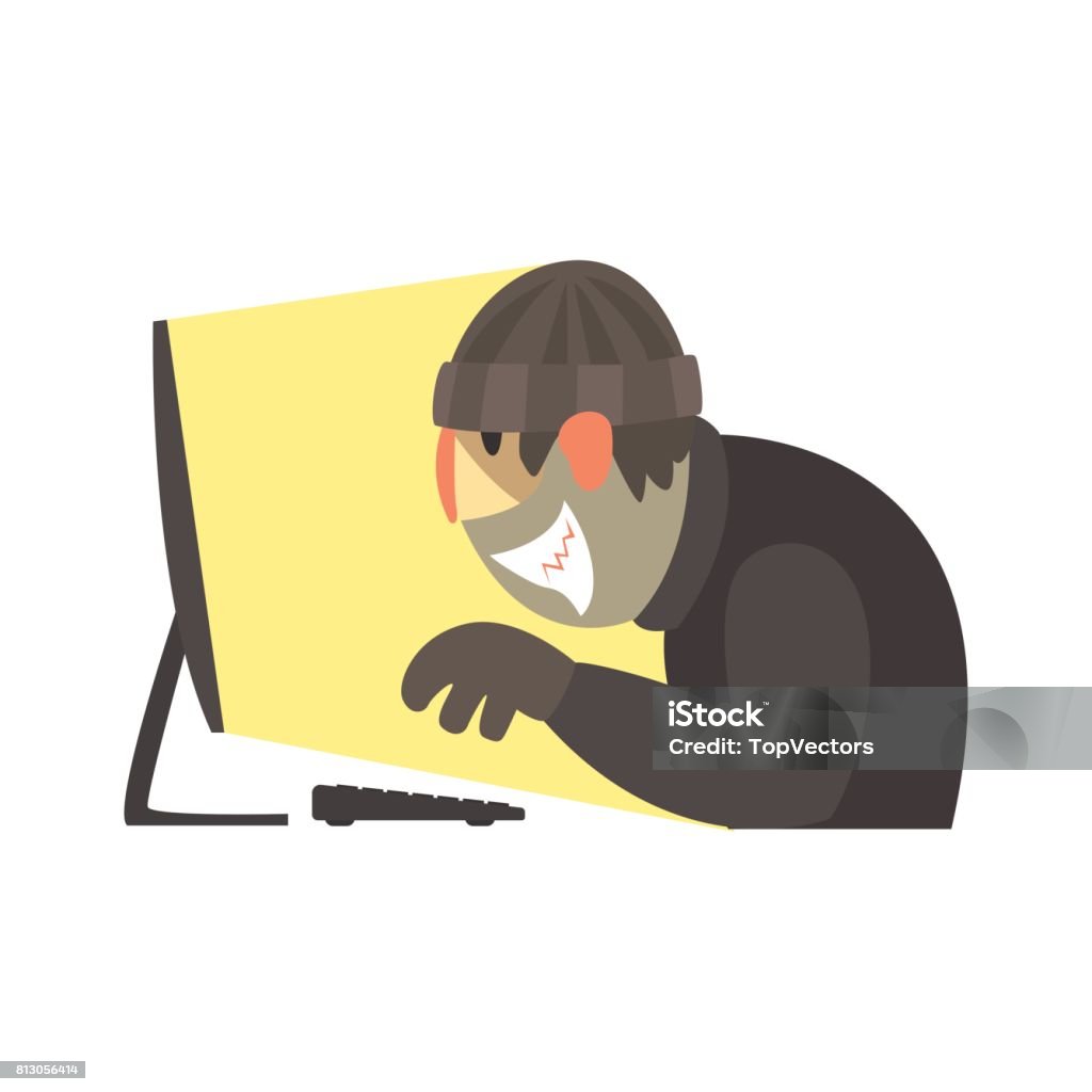 Cartoon Attacking Computer Cyber Attacker Trying To Hack Computer Cybersecurity Cartoon Vector ...