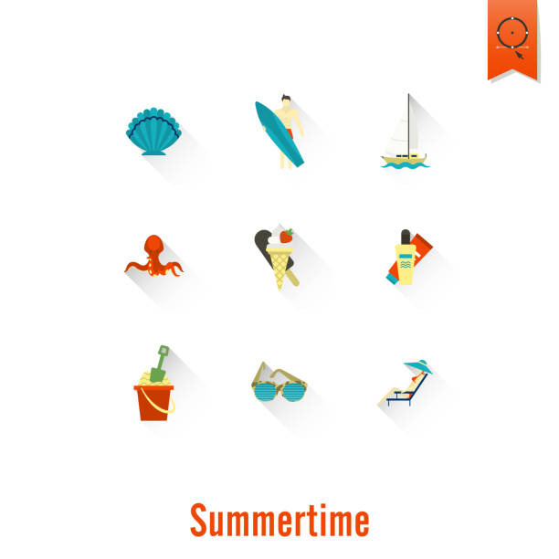 ilustrações, clipart, desenhos animados e ícones de verão praia plana e ícones simples - 15839