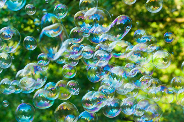istock Soap bubbles in front of green trees 813069032