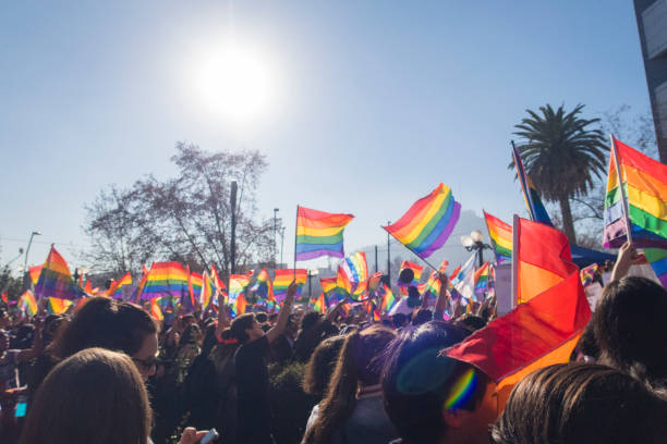 люди развевающиеся флаг lgtb в день гей-прайда, чили - gay pride стоковые фото и изображения