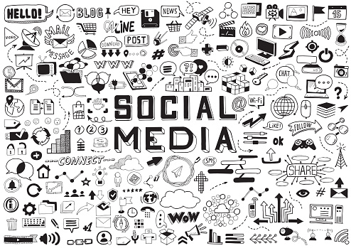 Hand Drawn Social Media Objects Set. Collection Signs and Symbols Doodles Elements. Black and White illustration.