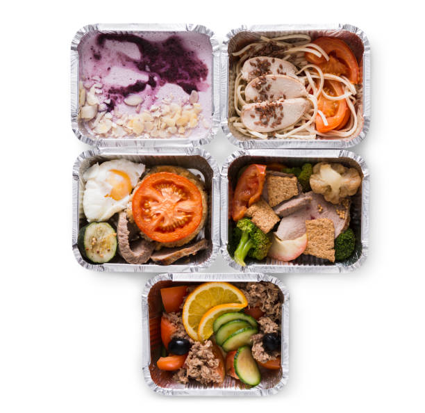 istock Healthy food take away in boxes, top view on white background 813078684