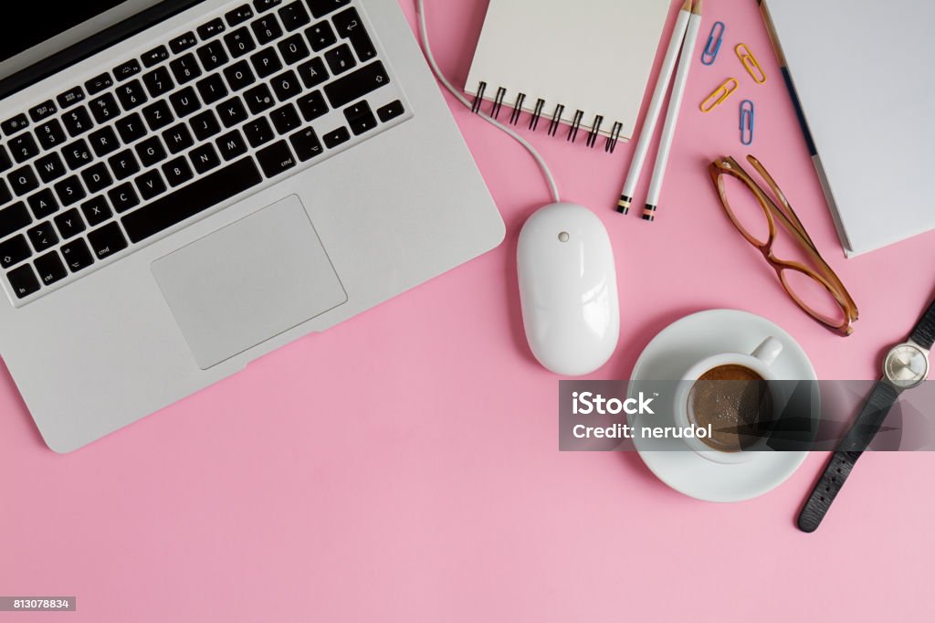 Working Space Business Freelance Concept Top View Above Flat Lay Laptop. Pink Background. Above Stock Photo