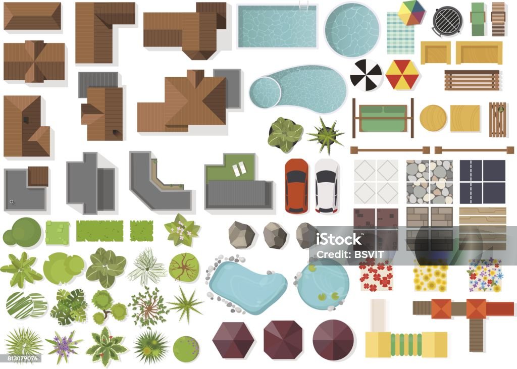 Set Landscape elements, top view.House, garden, tree, lake,swimming pools, bench, table. Landscaping symbols set isolated on white Set Landscape elements, top view.House, garden, tree, lake,swimming pools, bench, table. Aerial View stock vector