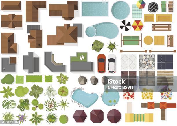 Set Landscape Elements Top Viewhouse Garden Tree Lakeswimming Pools Bench Table Landscaping Symbols Set Isolated On White Stock Illustration - Download Image Now