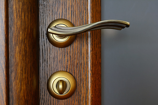 Vintage brass door handle with a latch and a lock on the wooden door.