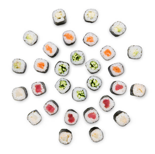 istock Set of sushi, maki and rolls isolated on white background 813085742
