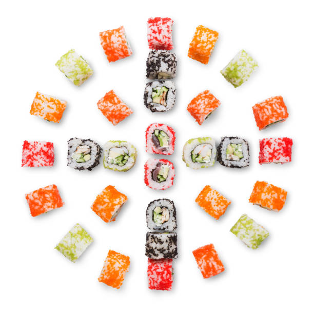 istock Set of sushi, maki and rolls isolated on white background 813085800