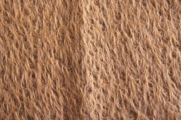 Texture of beige angora woolen cloth. Plush fabric for making toys. Fleecy soft warm material close up