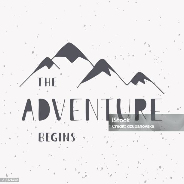 The Adventure Begins Handwritten Lettering Phrase With Mountains Silhouette Stock Illustration - Download Image Now