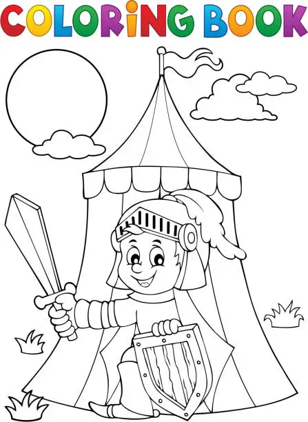 Vector illustration of Coloring book knight by tent theme 1