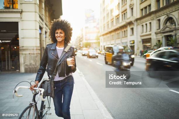 Young Hipster Woman In The Streets Of Barcelona Commuting Stock Photo - Download Image Now
