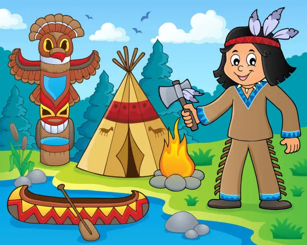 Vector illustration of Native American boy theme image 1