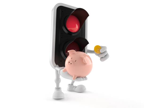 istock Red traffic light character holding piggy bank 813140892
