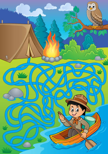 ilustrações, clipart, desenhos animados e ícones de labirinto 27 com garoto escoteiro da água - canoe canoeing paddling oar