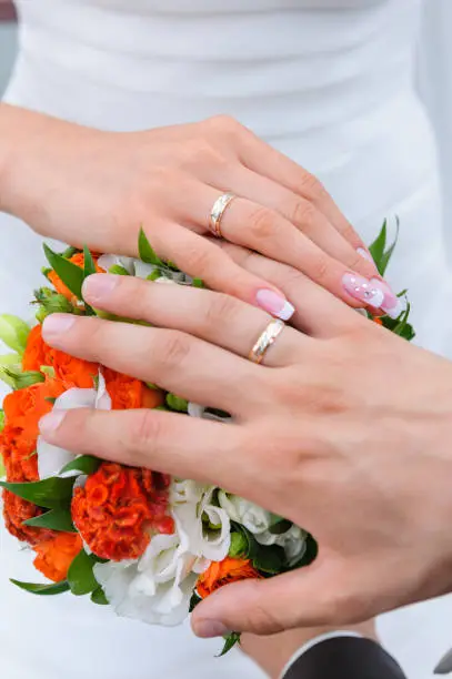 Photo of Couples hand with wedding rings