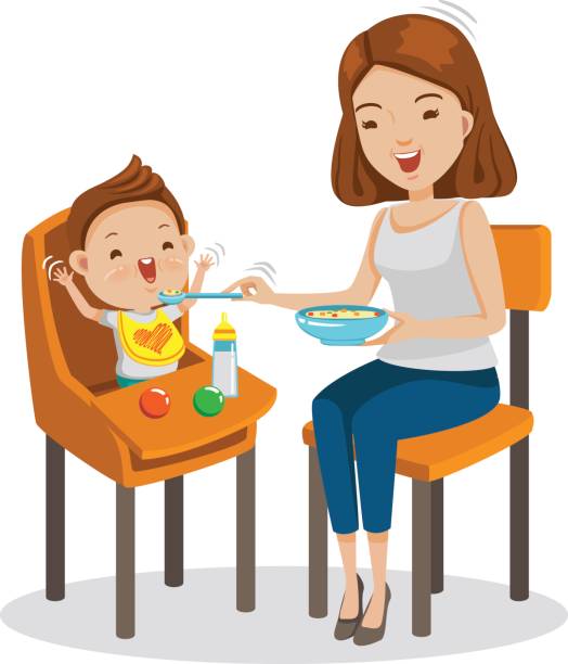 Feeding Mather is feeding Little son. baby sitting in the highchair. Standard vector graphics creative and versatile  to use as illustrations cartoon for print, web, interactive,Isolated on white background my stepmom stock illustrations