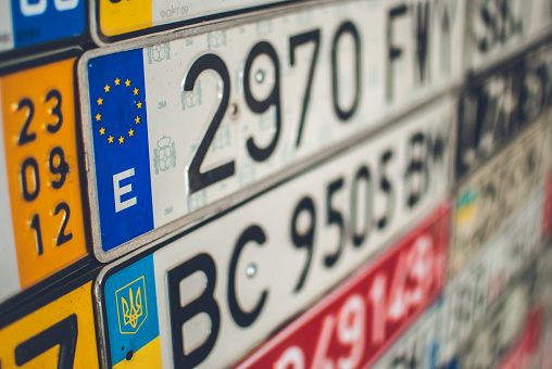 Collection of European license plates from various countries.