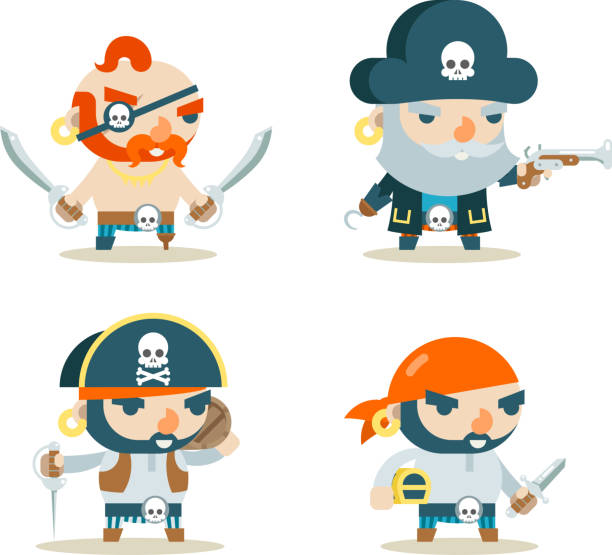 illustrazioni stock, clip art, cartoni animati e icone di tendenza di pirata buccaneer ostruzionismo corsair sea dog fantasy rpg treasure character icons set flat design vector illustration - buccaneer