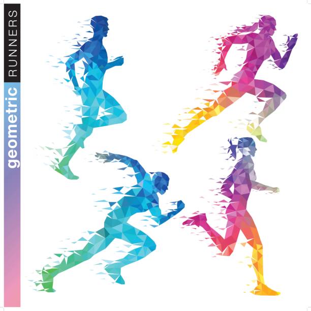 illustrations, cliparts, dessins animés et icônes de runner géométrique dans les couleurs de l’arc-en-ciel - set sport