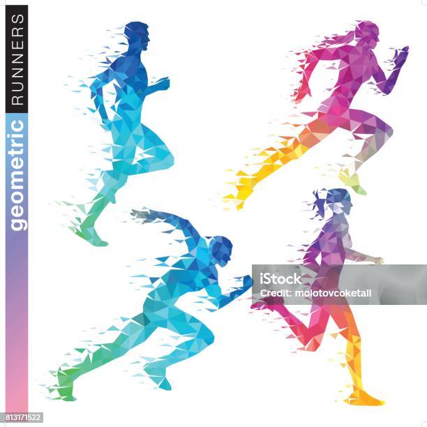 Geometric Runner Set In Rainbow Colors Stock Illustration - Download Image Now - Running, Sport, In Silhouette