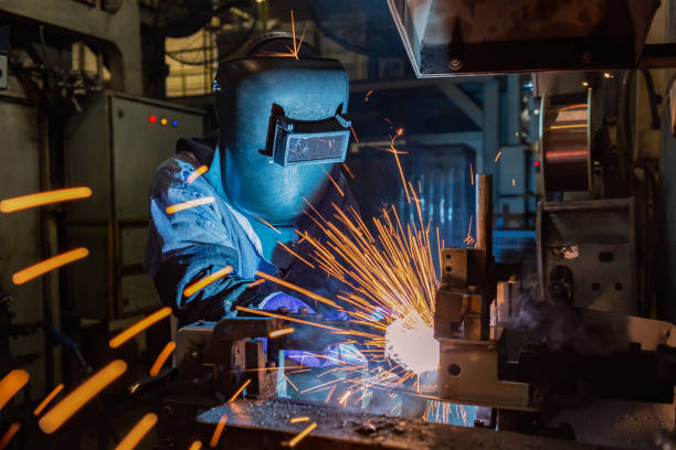 istock Industrial worker is welding automotive part with protective mask 813172074
