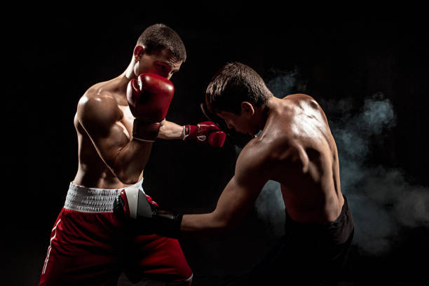 istock Two professional boxer boxing on black smoky background 813174304